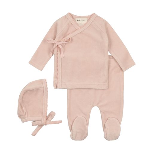 Mema Knits Pink Picot Edge Velour 2 Pc Set + Bonnet