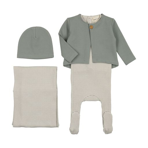 Mema Knits Powder Blue Striped Footie with Cardigan 3 Pc Set