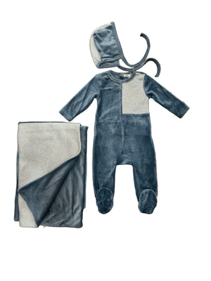 Little Lux Herringbone/Velour Footie+Bonnet+Blanket