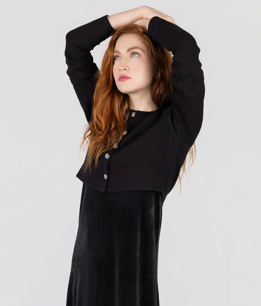 Teen Boss Jeweled Button Cardi + Velour Slip Dress