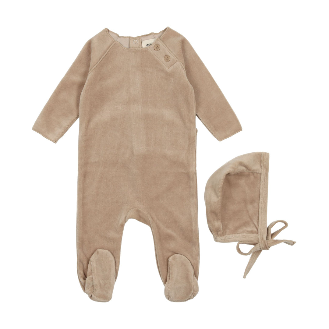 Mema Knits Oatmeal Velour Button Footie + Bonnet