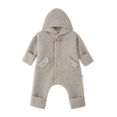 A front view of the 1+ in the Family CANNES infant polar suit in beige color.