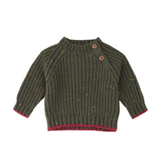 A front view of the warm khaki 1+ in the Family Maligne knit sweater for babies.