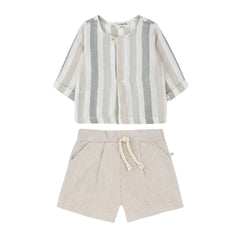 Striped shirt and beige shorts set on a white background