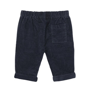 Navy blue pants with a pocket on a white background