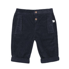 Navy blue corduroy pants with button details on a white background