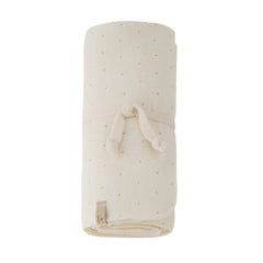 Beige baby swaddle with a drawstring on a white background