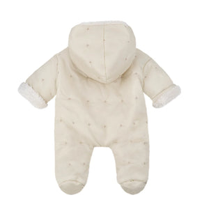 Beige baby snowsuit with white stars on a white background