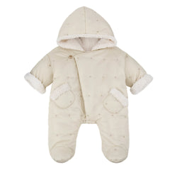 Beige baby snowsuit with hood on a white background