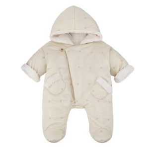 Beige baby snowsuit with hood on a white background