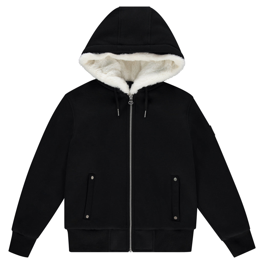 Black hoodie with white fur lining on a white background