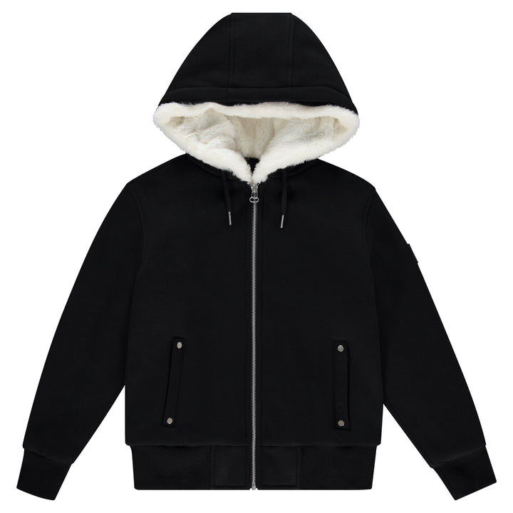 Black hoodie with white fur lining on a white background