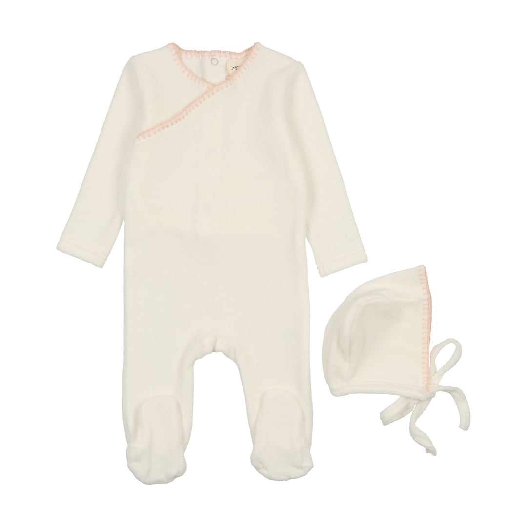 Mema Knits Cream Pale Pink Velour Embroidered Footie
