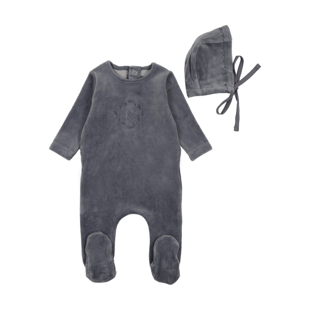 Bee & Dee Hydrangea Blue Lovely Loops Velour Footie + Bonnet