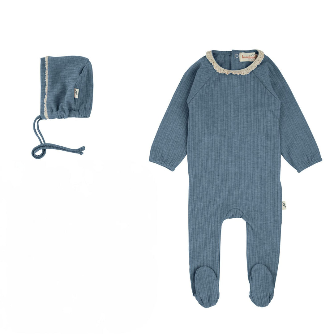 Bondoux Blue Scalloped Lace Knit Footie + Bonnet
