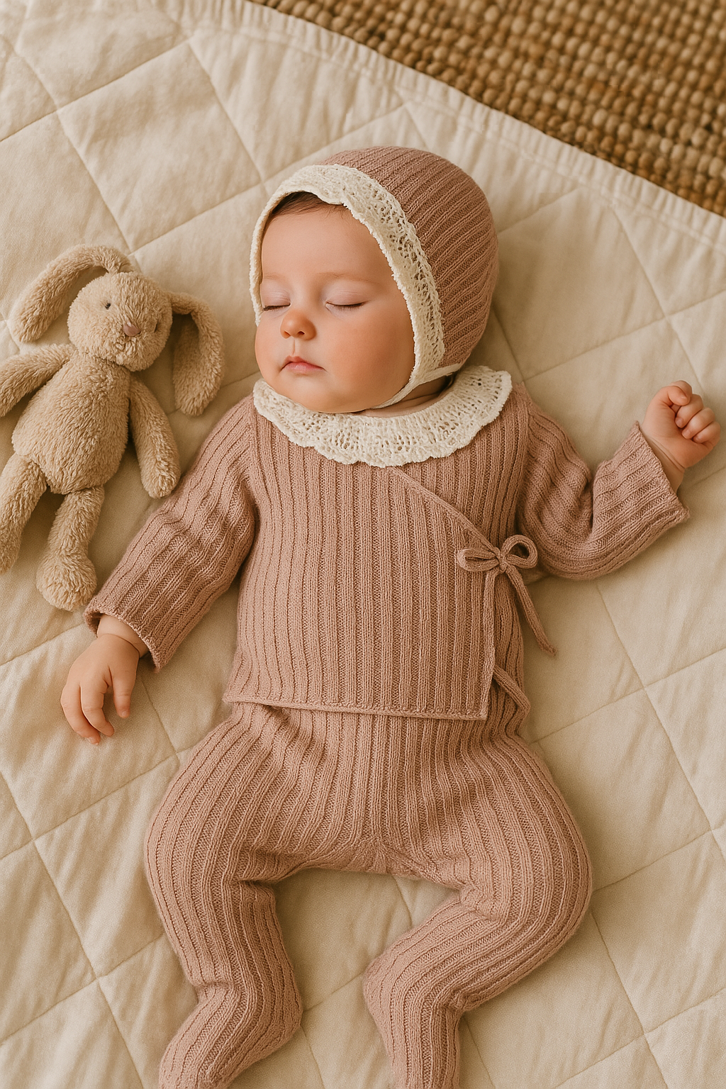Latte Rose Rib Lurex Lace Trim Bonnet
