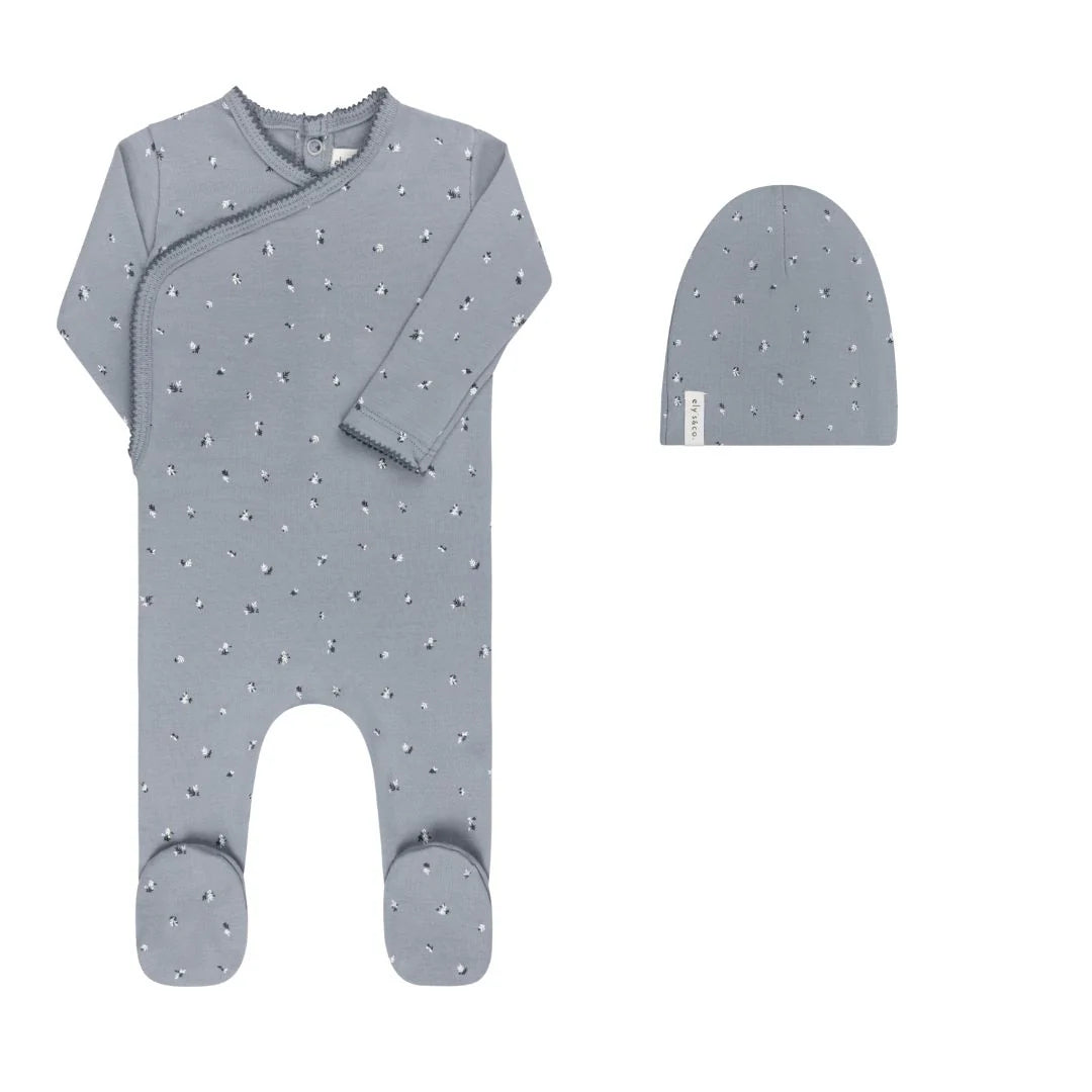 Ely's & Co Blue Cotton Cluster Leaf Footie + Beanie