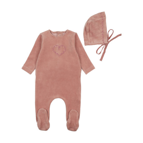 Bee & Dee Rose Lovely Loops Velour Footie + Bonnet