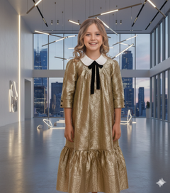 Gold Brocade Maxi Dress with Velvet Bow - Perfect for Special Occasions