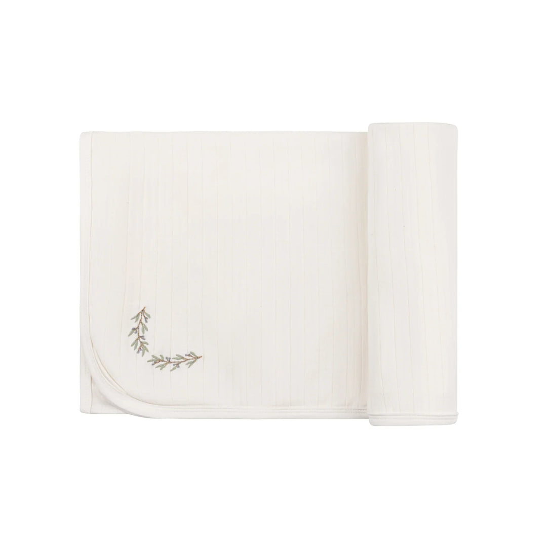 Ely's & Co Ivory/Blue Wide Rib Embroidered Blanket