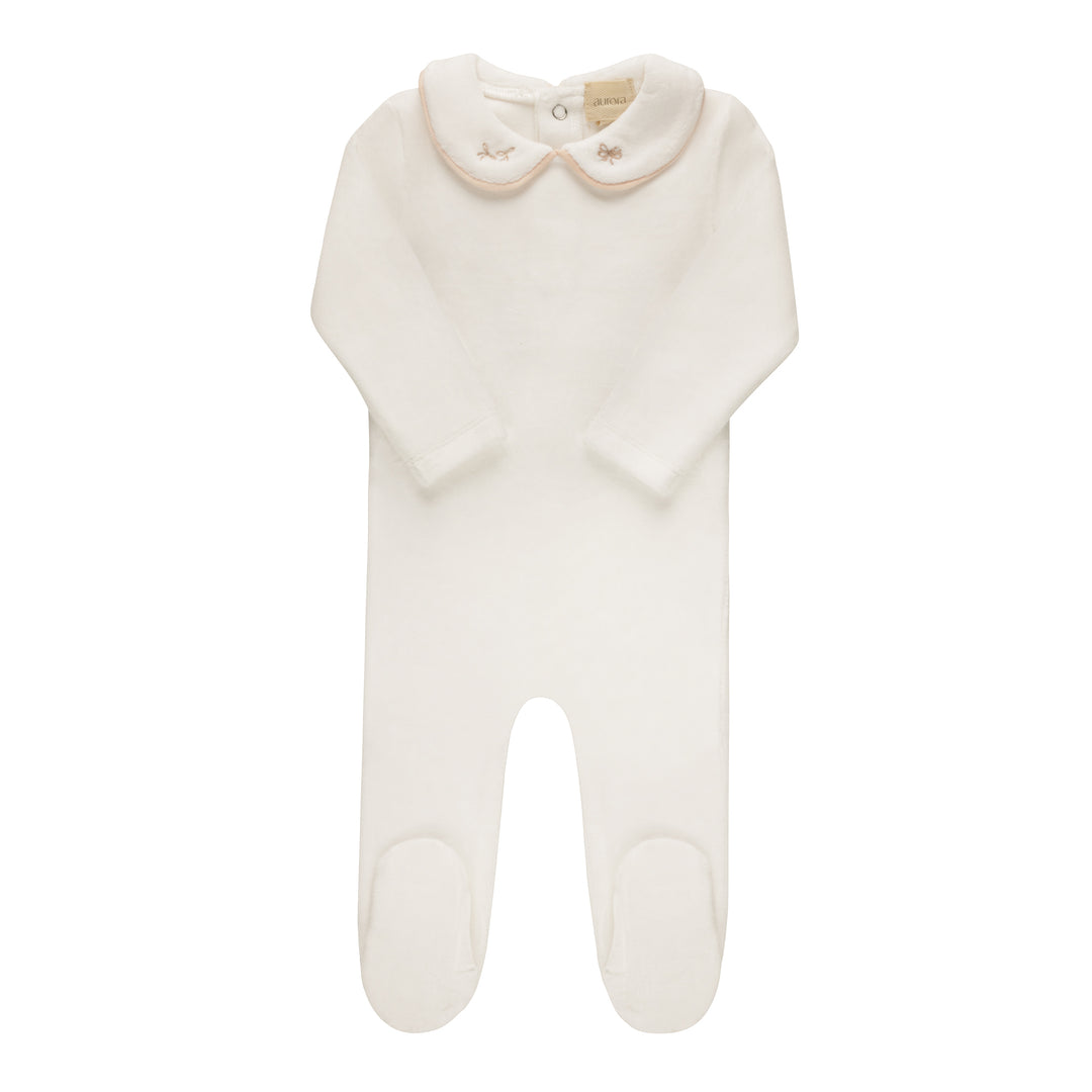 Aurora Ivory/Pink Embroidered Velour Collar Footie