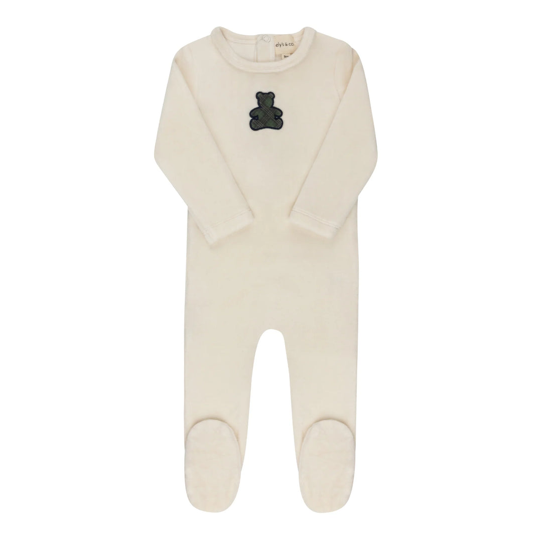 Ely's & Co Ivory/Blue Velour Plaid Bear Footie
