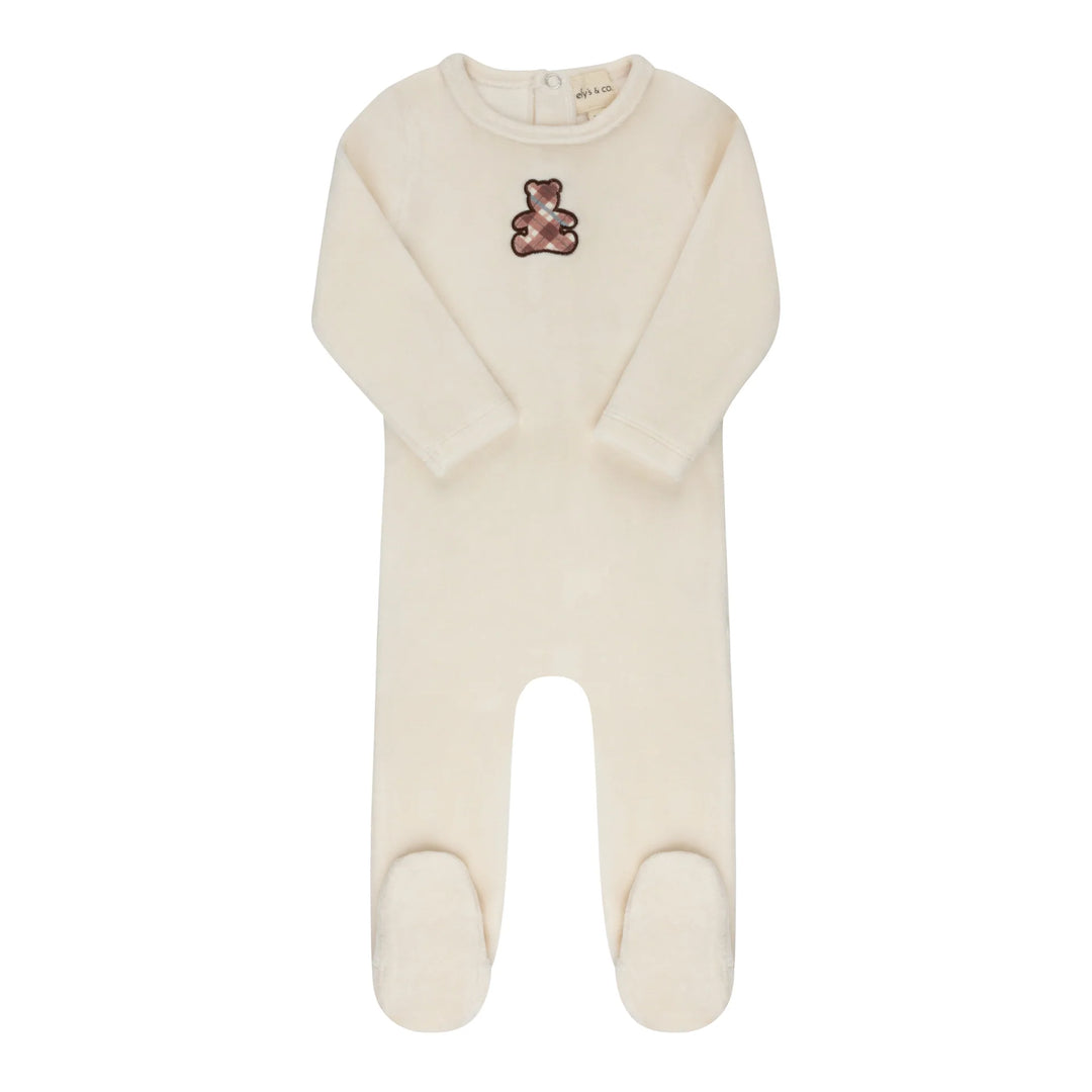 Ely's & Co Ivory/Pink Velour Plaid Bear Footie