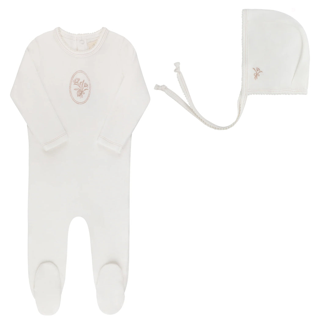 Ely's & Co Ivory Rosegold Velour Center Floral Footie + Bonnet