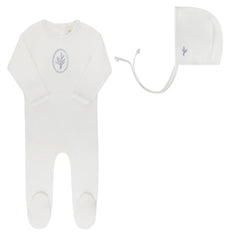 Ely's & Co Ivory/Blue Velour Center Floral Footie + Bonnet