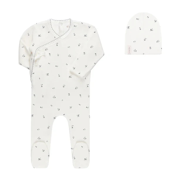 Ely's & Co Ivory/Blue Velour Cluster Flower Footie + Beanie