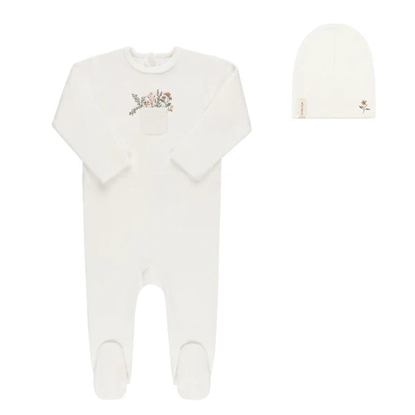 Ely's & Co Ivory/Pink Velour Pocket Full of Flowers Footie + Beanie