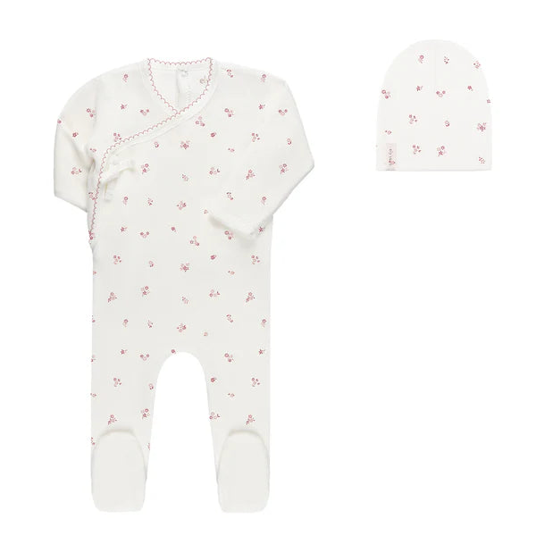 Ely's & Co Ivory/Pink Velour Cluster Flower Footie + Beanie