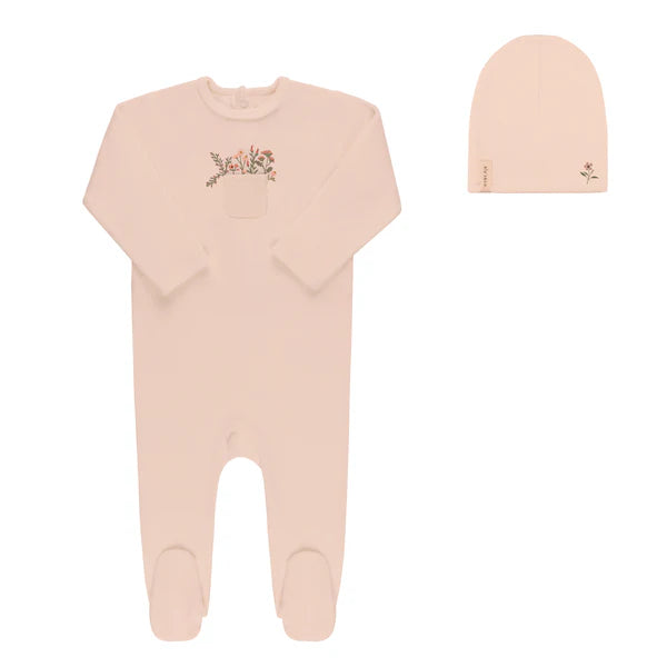 Ely's & Co Pink Velour Pocket Full of Flowers Footie + Beanie