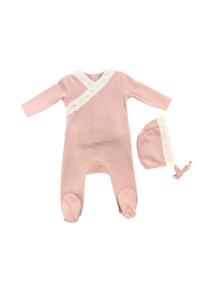 EYELET TRIM FOOTIE + BONNET