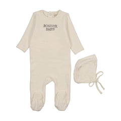 Mema Knits Otter Bonjour Baby Stitched Velour Footie + Bonnet