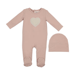 Maniere Dusty Mauve Sherpa Heart Footie + Beanie
