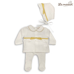 la mascot scalloped knit with ribbon bow layette white gold