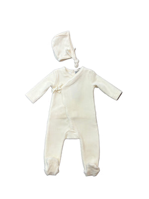Little Lux Ribbed Picot Trim Velour Footie + Bonnet
