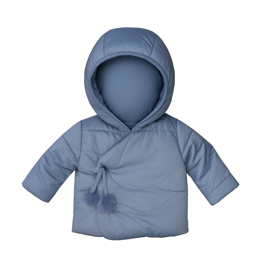 Mid Blue Winter Jacket with Pompom Tie