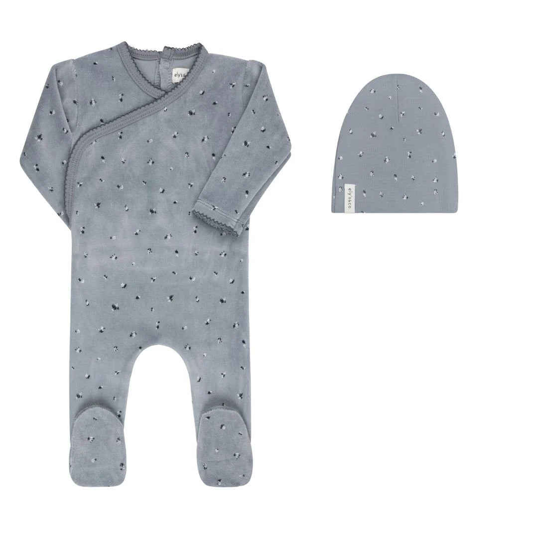Ely's & Co Blue Velour Cluster Leaf Footie + Beanie