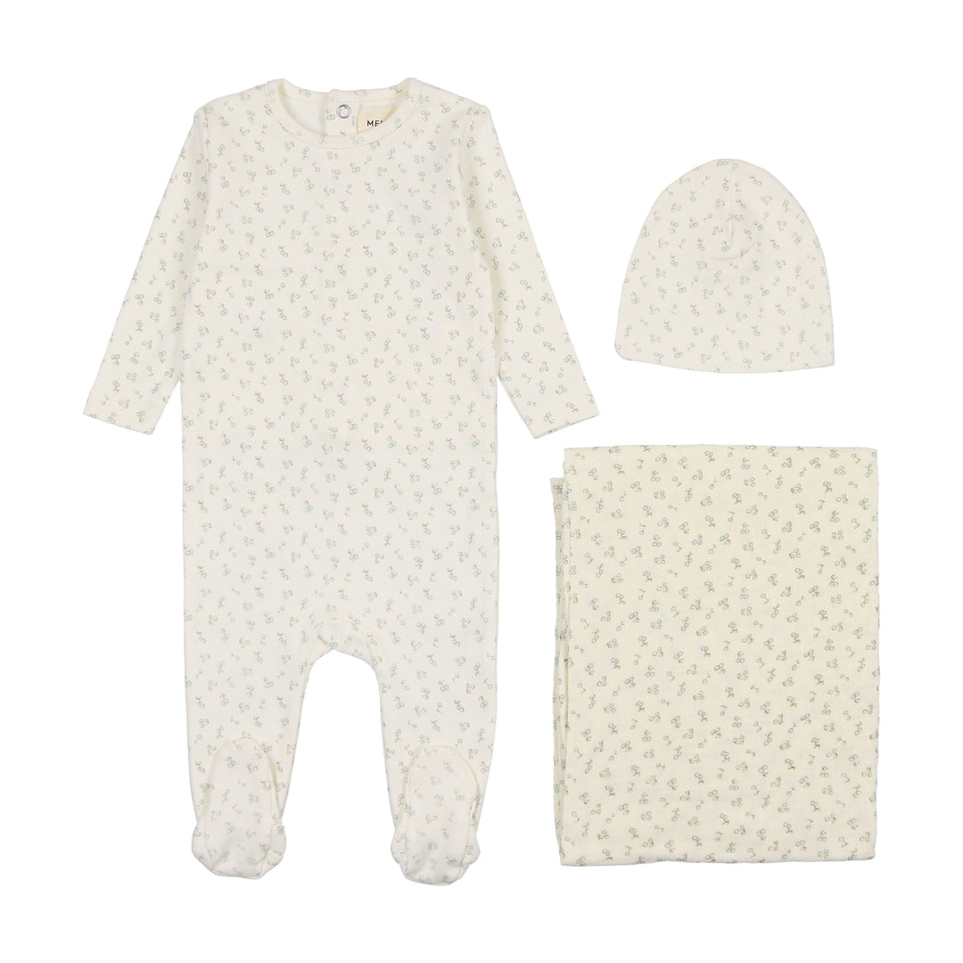 Mema Knits Blue Cherry Print 3 Pc Layette Set