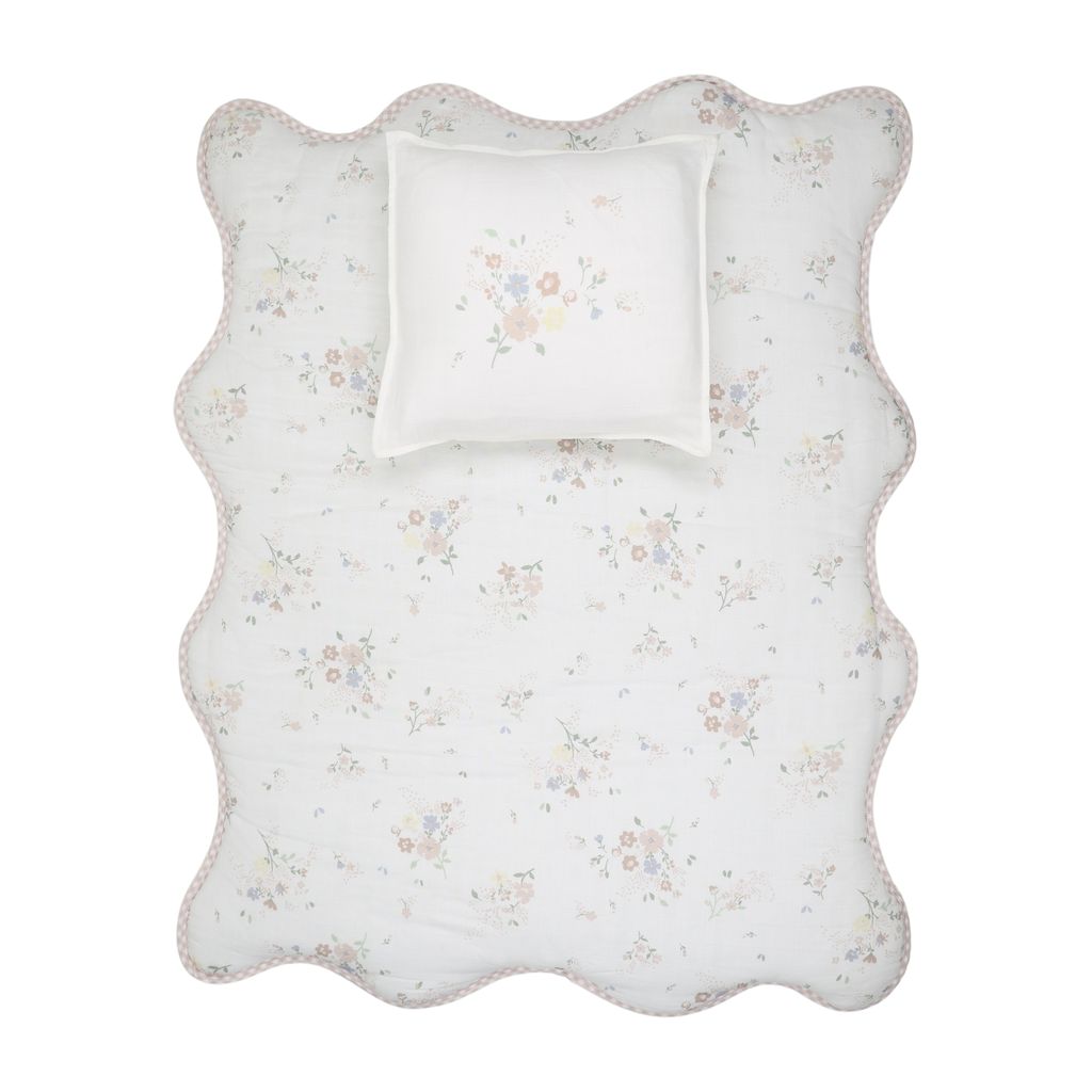 Baby Gingham Floral Blanket & Pillowcase Set by Peluche – Soft Cotton Bedding