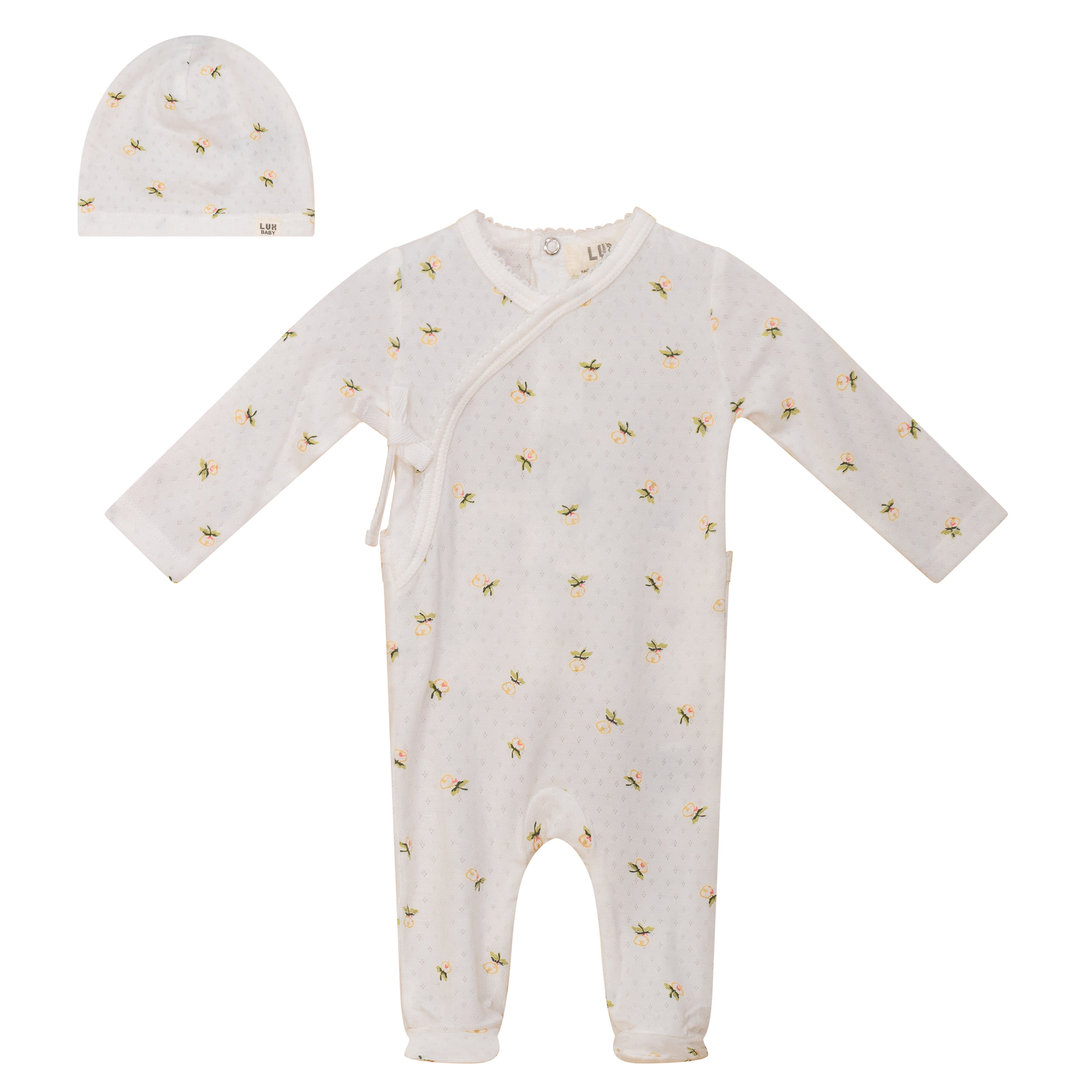 Lux Off White Floral Print Pointelle Footie