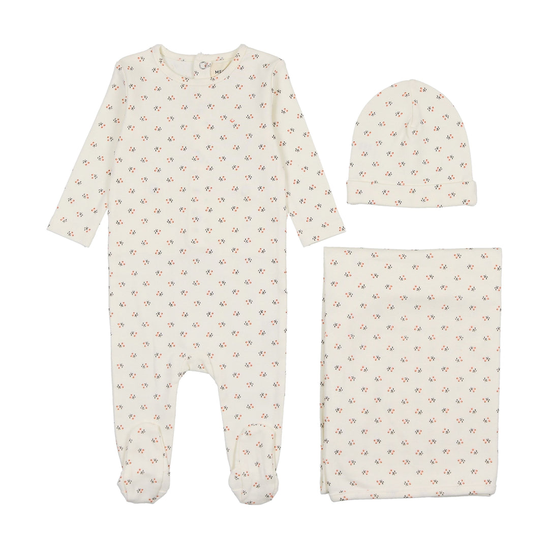 Mema Knits Fusion Coral Bud Print 3 Pc Layette Set