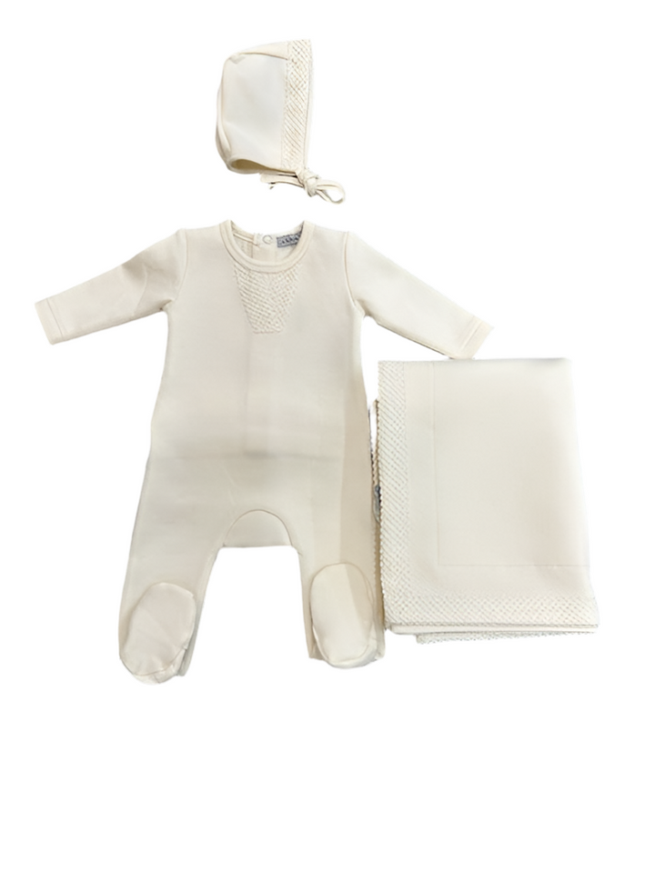 CROCHET TRIM FOOTIE BONNET BLANKET