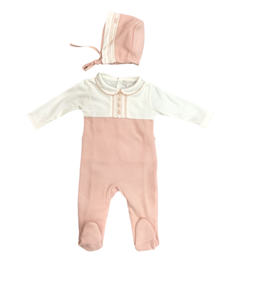 Chant de Joie Rose Footie with Smock + Bonnet