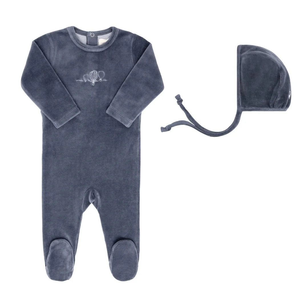 Ely's & Co Blue Velour Embroidered Hot Air Balloon Footie + Bonnet
