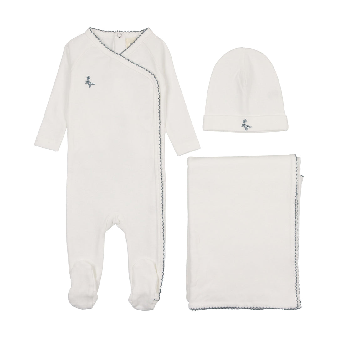 Mema Knits Blue Embroidered Picot Edge 3 Pc Layette Set