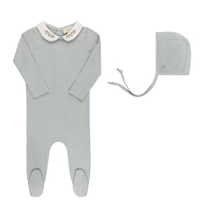 Ely's & Co Blue Wide Rib Embroidered Collar Footie + Bonnet
