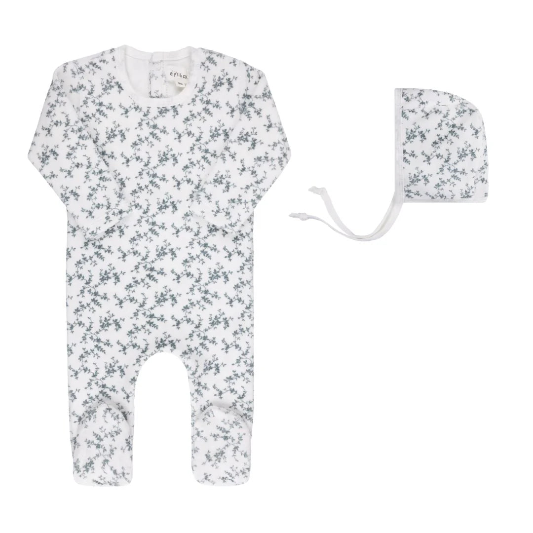Ely's & Co Blue on Ivory Velour Vine Footie + Bonnet